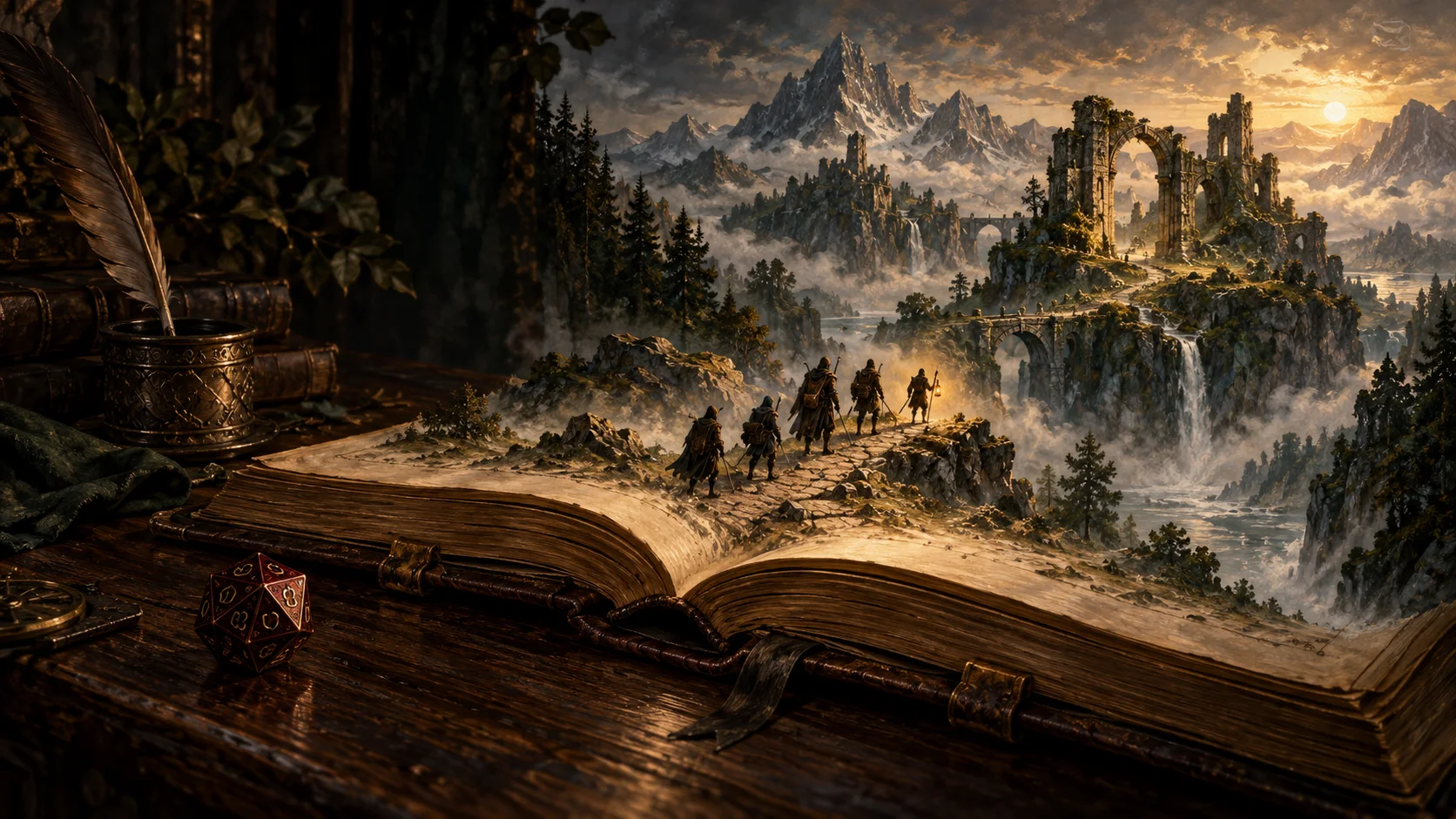 An open journal becomes a lantern-lit mountain adventure, with travelers approaching an ancient arch.